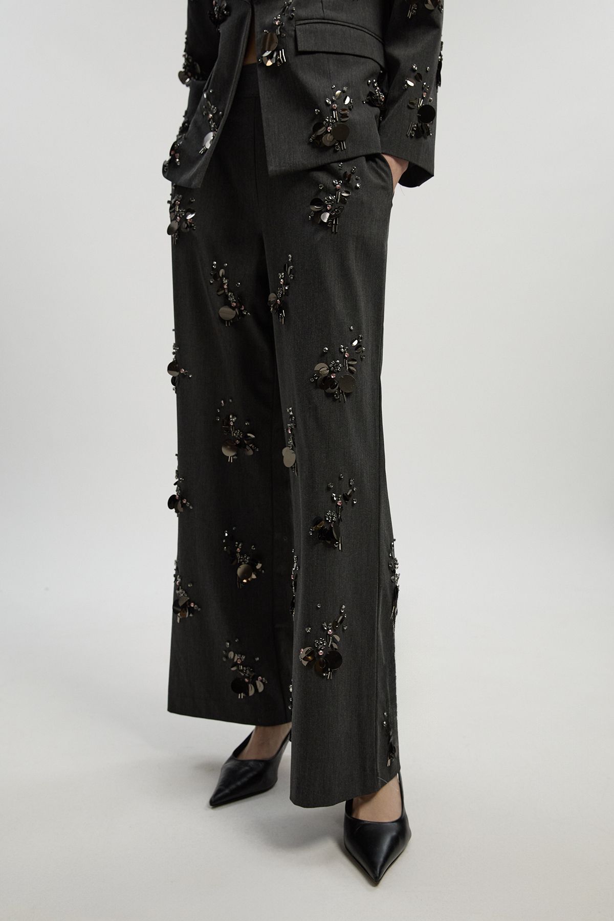 KarenMillen Petite Cluster Sequin & Crystal Embellished Tailored Wide Leg Trouser