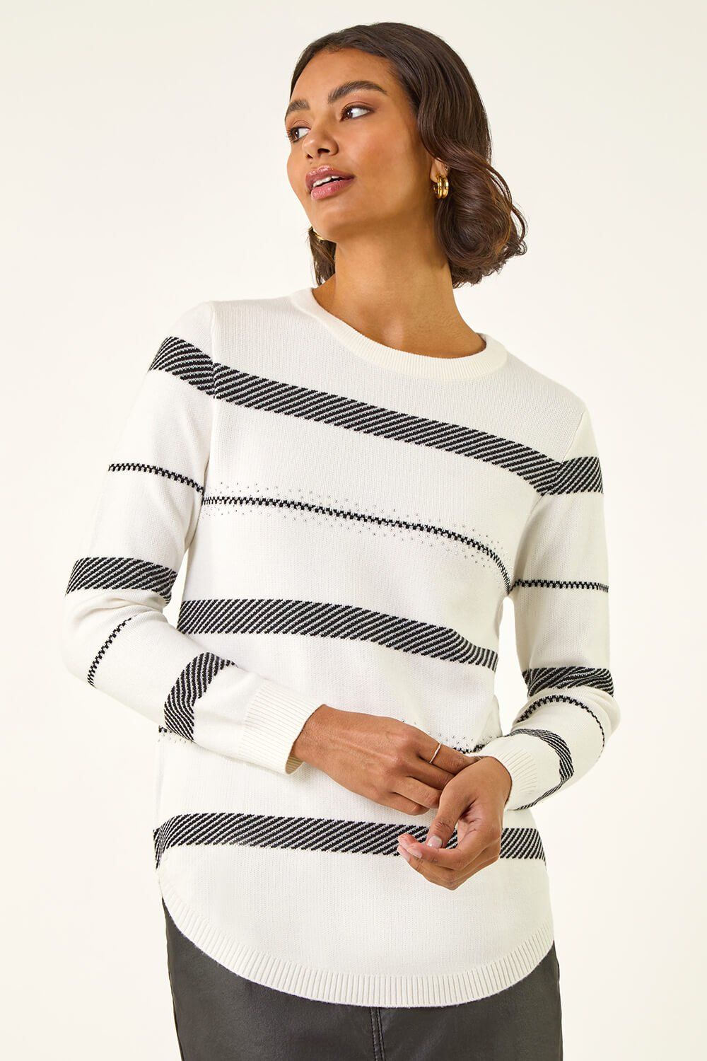 Roman Stripe Hotfix Curved Hem Knit Jumper