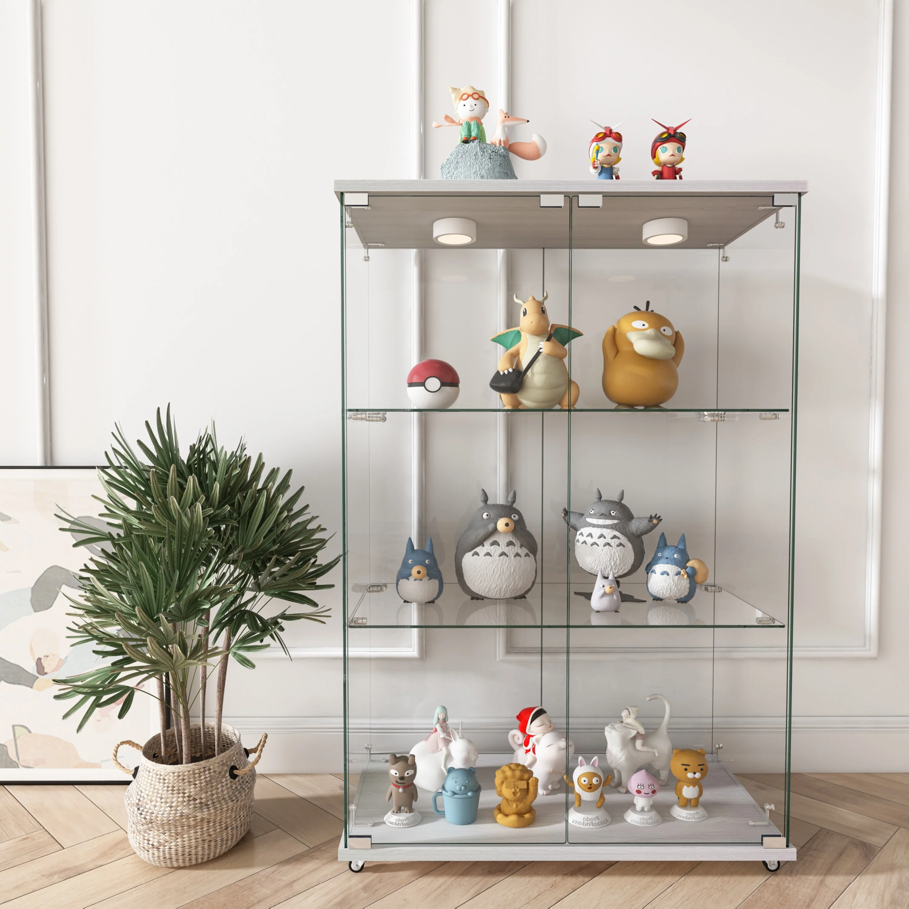 Modern Glass Display Cabinet with LED lights, Quick-assembly Antique Cabinet, Tempered Glass Bookshelf