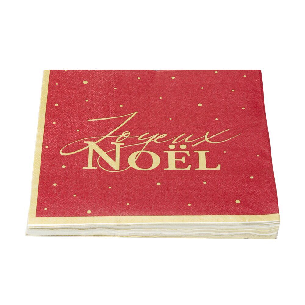Serviette en papier 3 plis X20 pcs imprimé Joyeux No&euml;l 33X33 cm rouge liseré doré