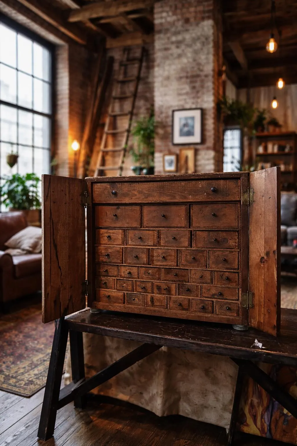 1940s Handmade Workshop Hardware Cabinet | Multi-Drawer Industrial Folk Art Storage | Vintage Wood Parts Cabinet