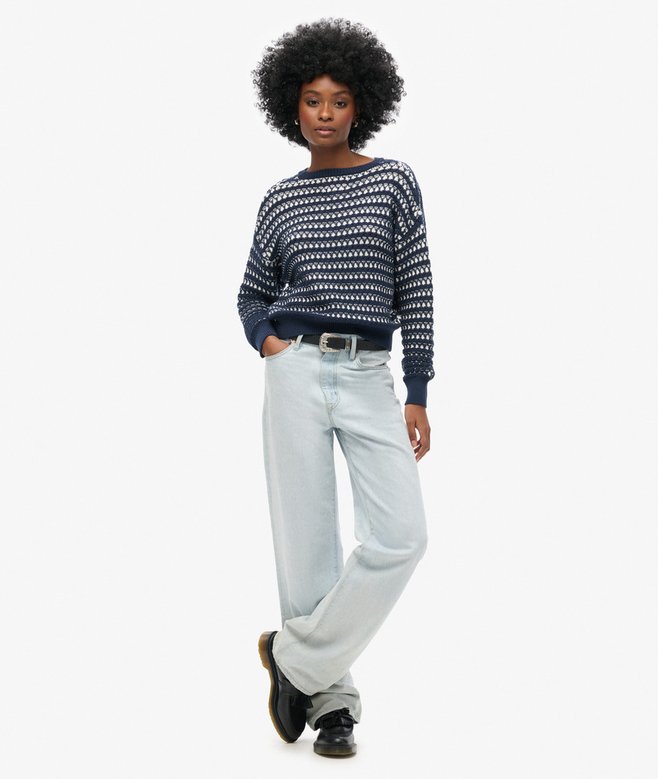 Stripe Crochet Cropped Crew Jumper