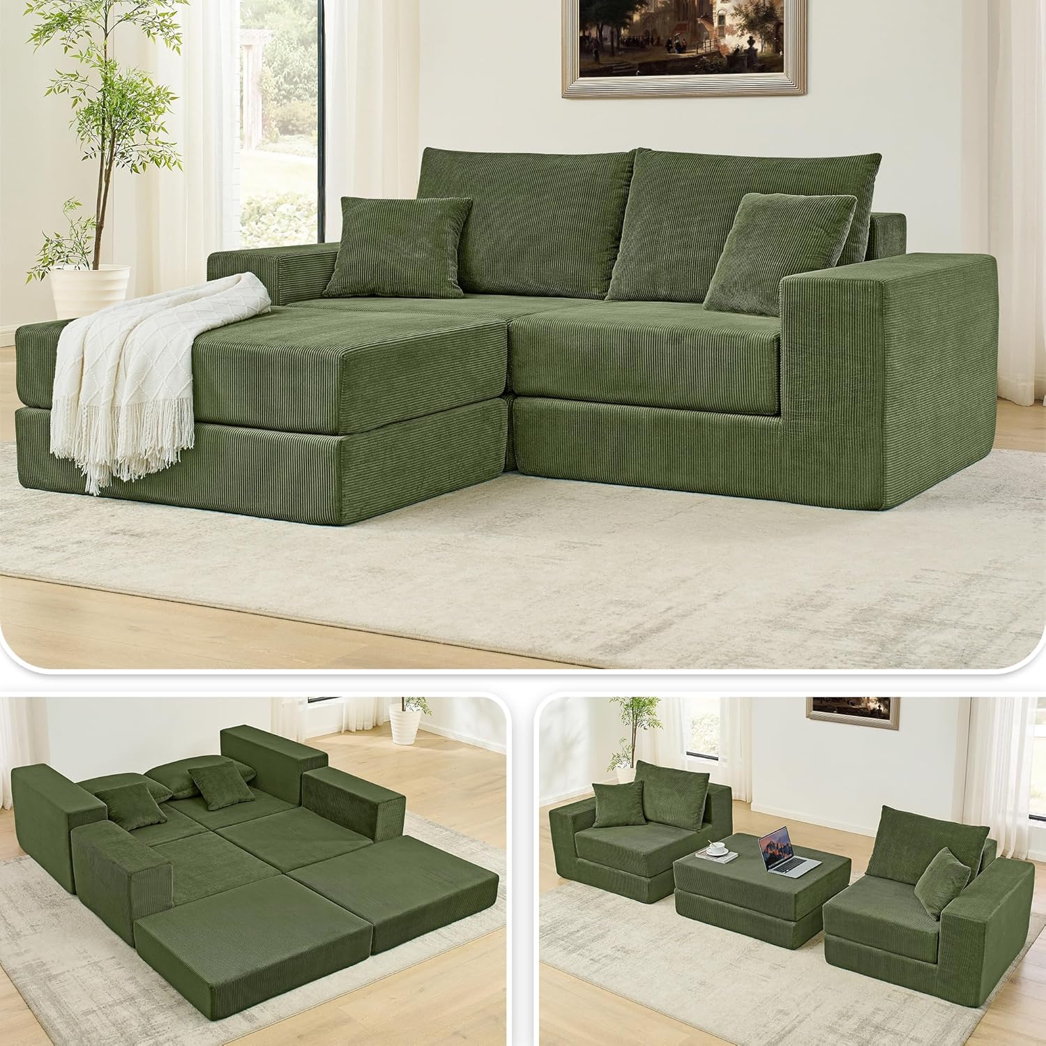 L Shaped Modular Sofa Bed with Ottoman, Corduroy Folding Floor Convertible Sofa Couch Bed, Boneless Combination Design Loveseat Sleeper Couch with Non Slip Base for Living Room, Green