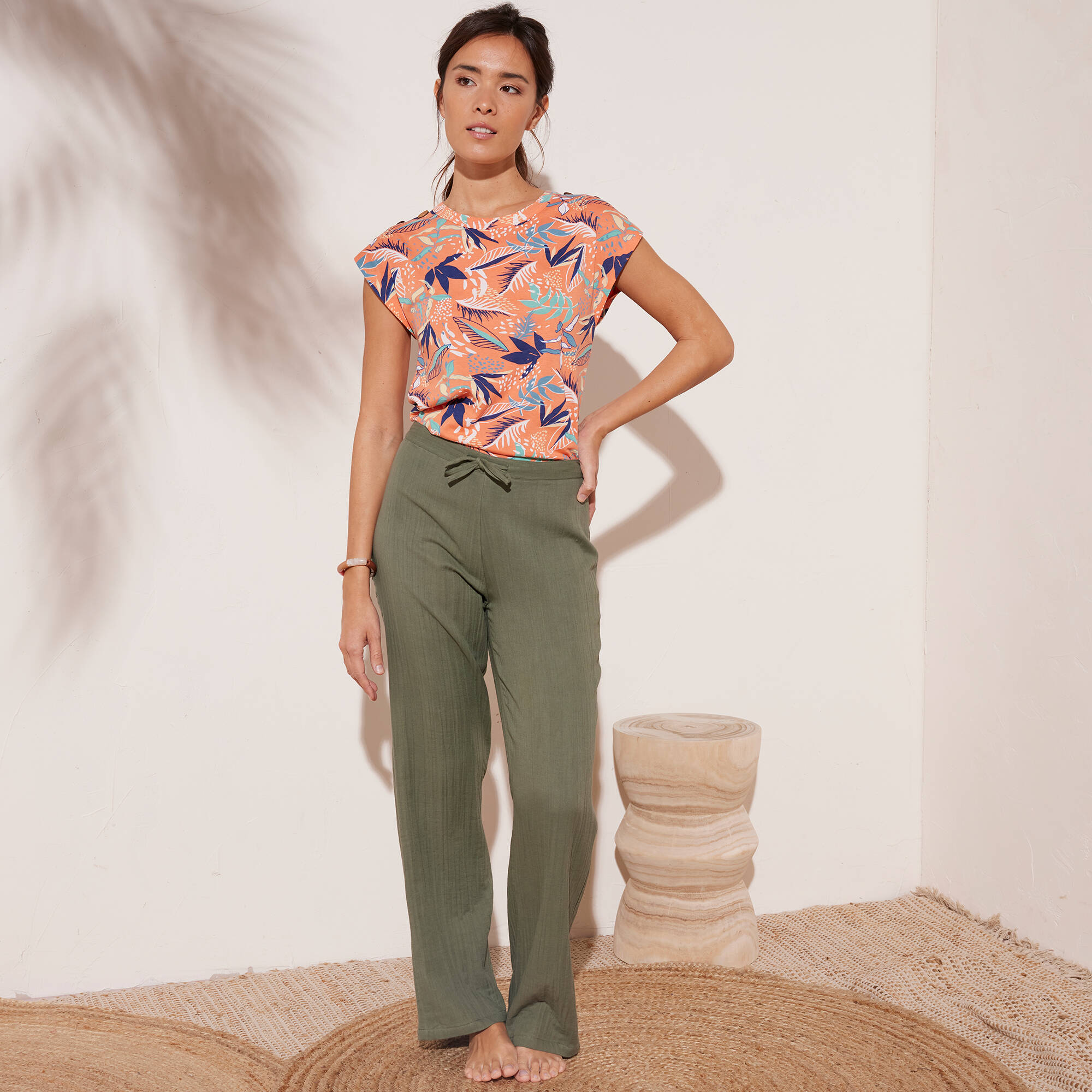 Pantalon large droit, gaze de coton