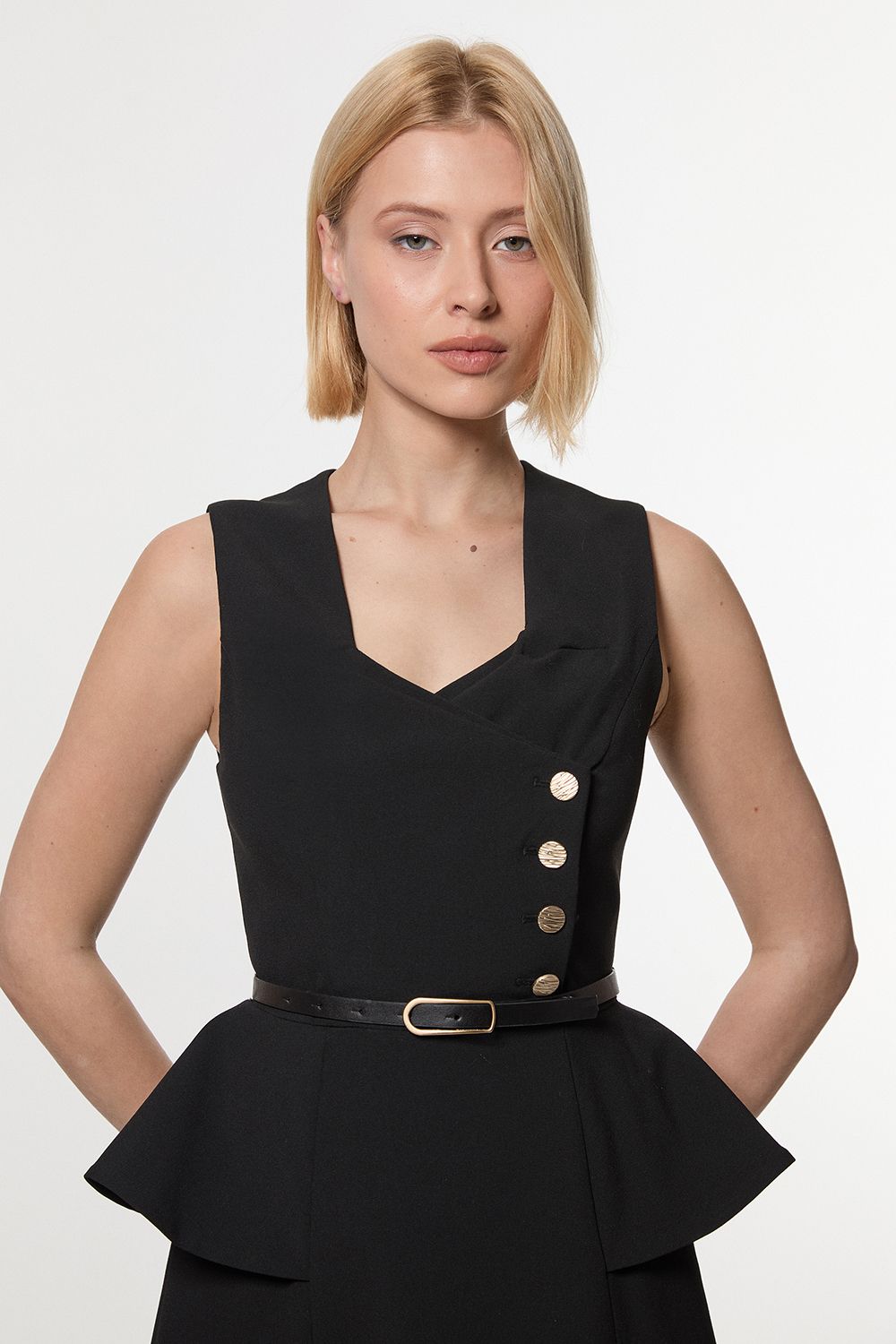 KarenMillen Compact Stretch Belted Peplum Detail Full Skirted Midi Dress