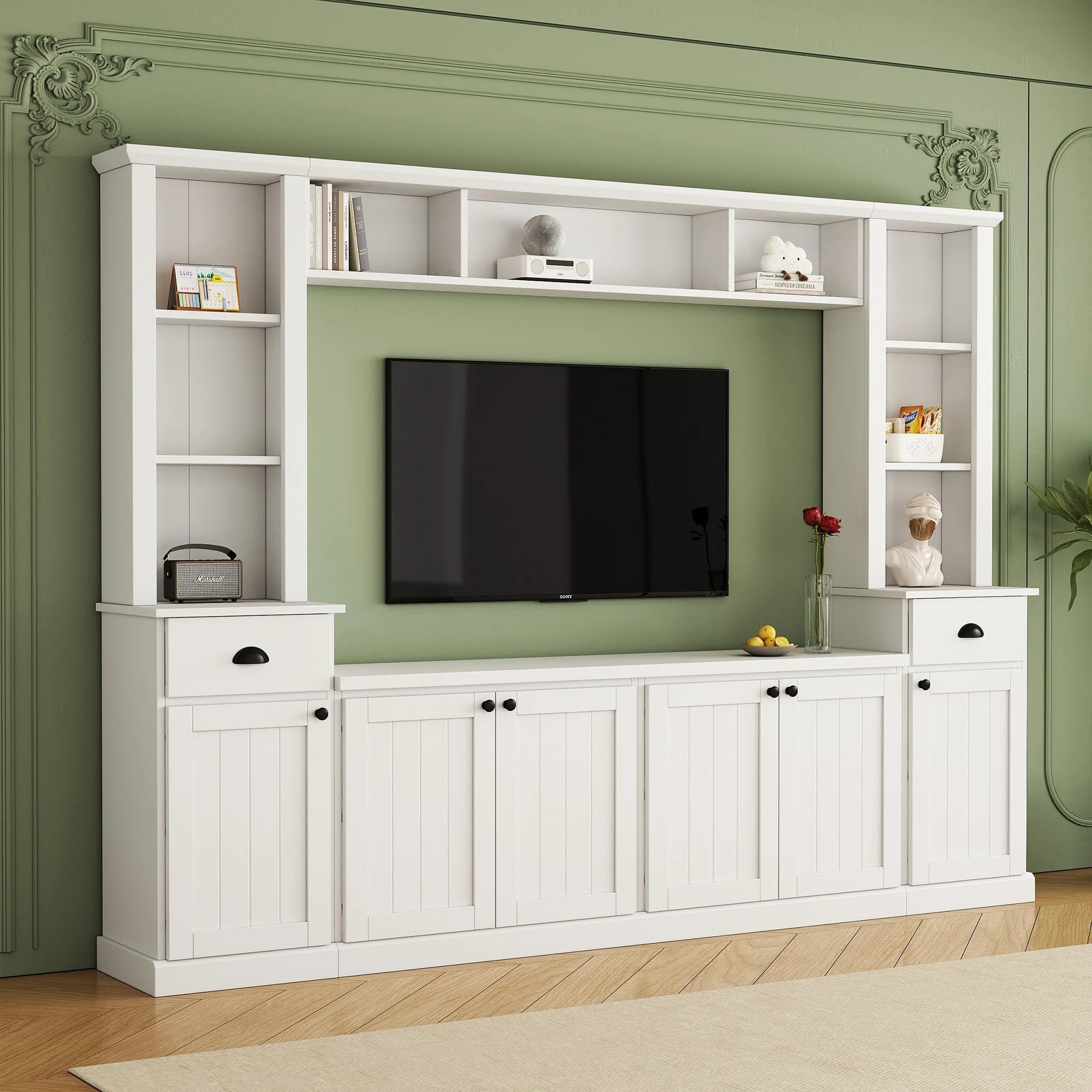 Entertainment Unit with Bridge, TV Stand with Adjustable Shelves for TVs Up to 75'', Two Media Consoles