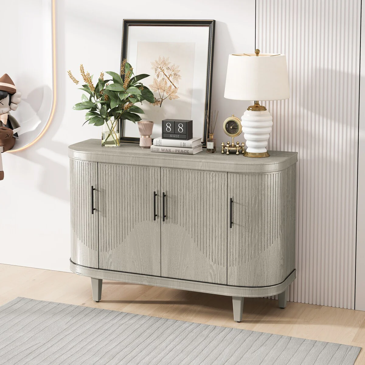Modern Curved Sideboard Storage Cabinet Wooden Cabinet with 4 Doors and Adjustable Shelves
