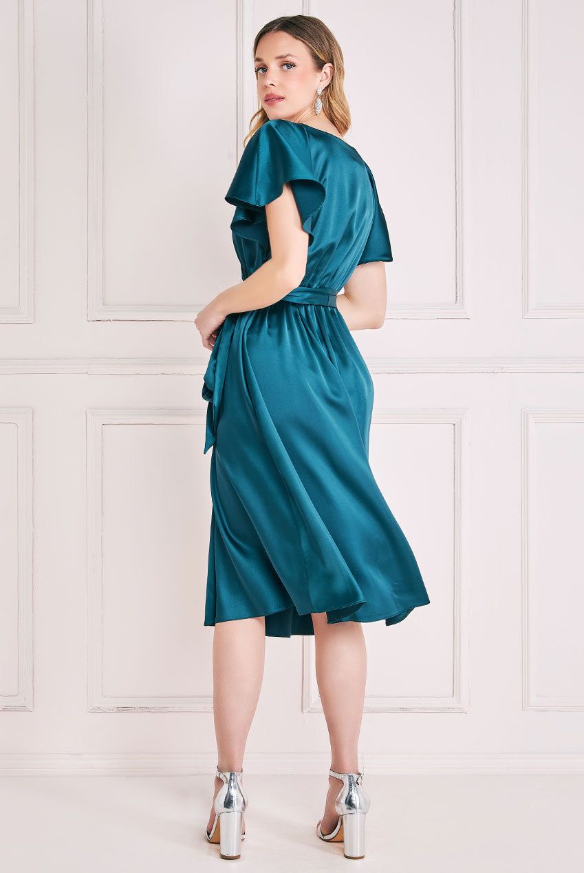 Goddiva Satin Flutter Sleeve Wrap Midi Dress