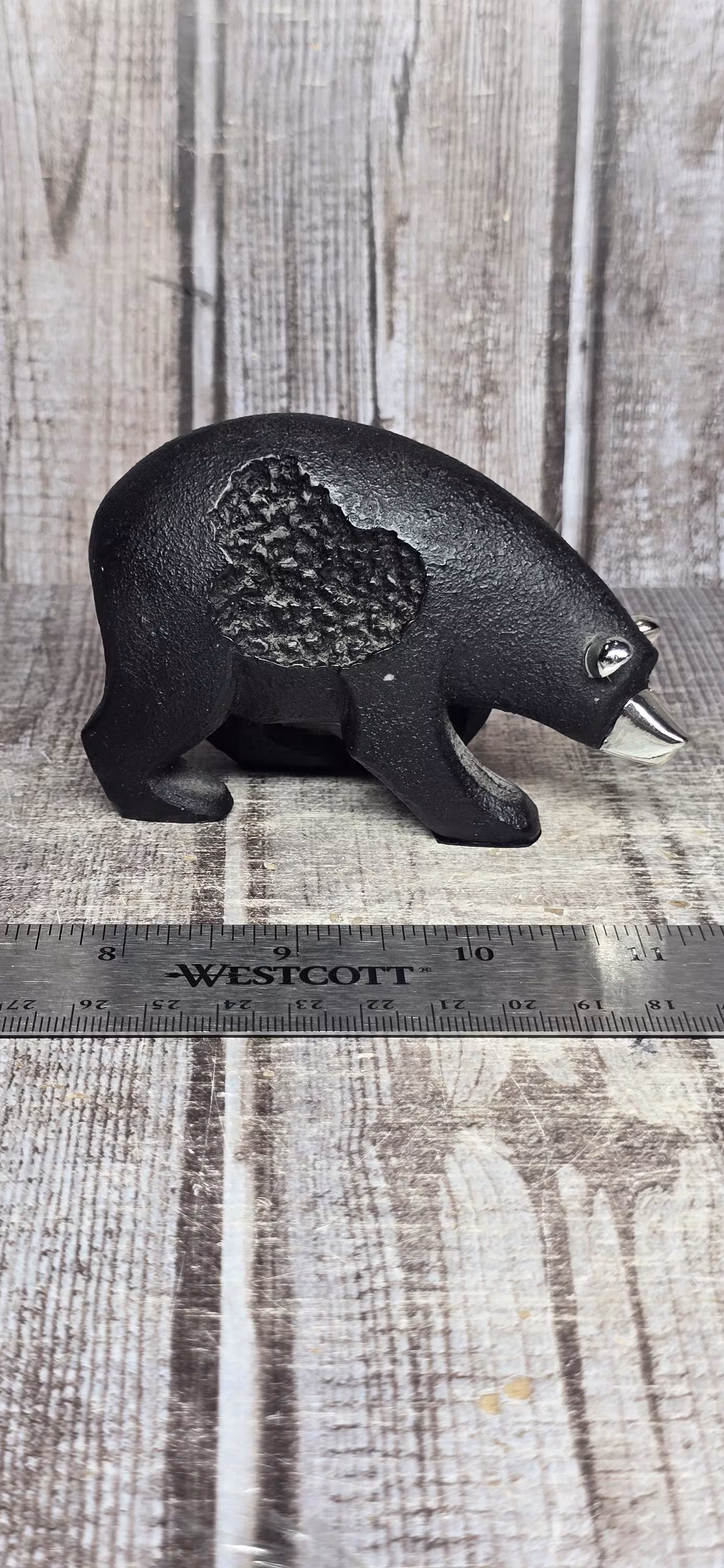 Vintage Mid Century Modern Cast Iron Bear Figurine, Chrome Accents & Textured Fur Finish
