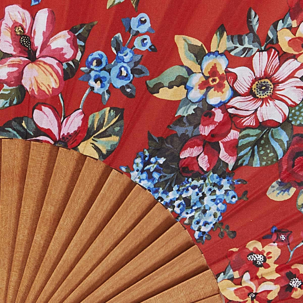 SHANTI - Éventail en bois de merisier et coton imprimé fleuri orange