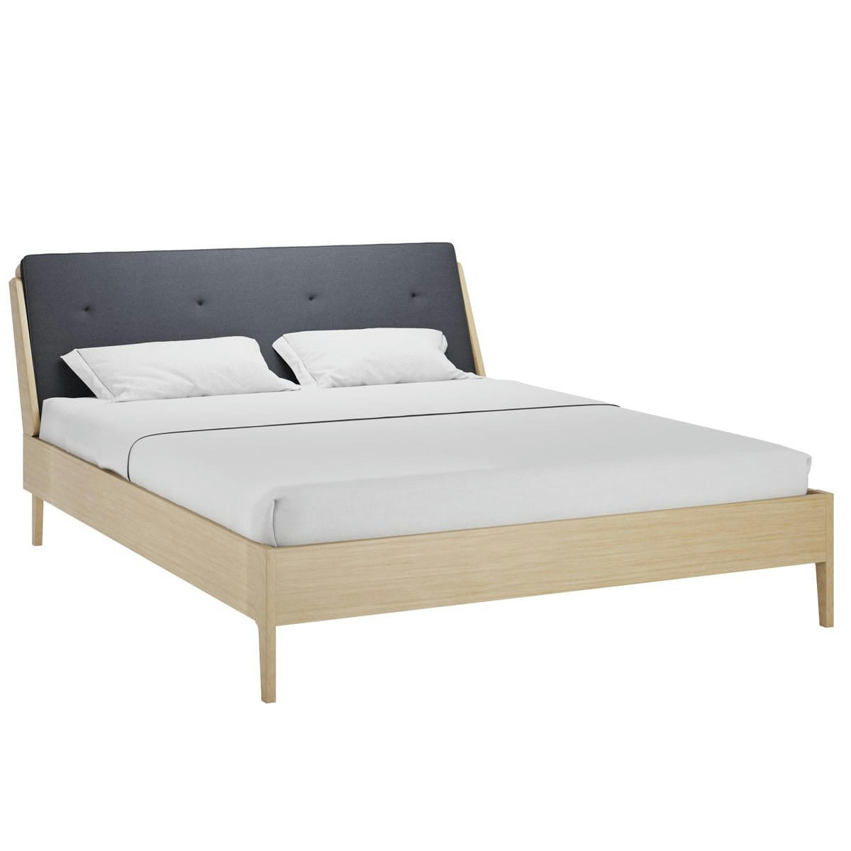 NOVA - Lit double 160x200 placage chêne avec tête de lit en tissu gris