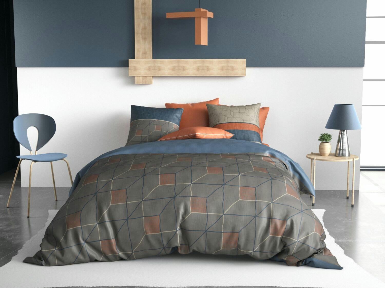 THALES - Parure housse de couette coton bleu 240x260 cm