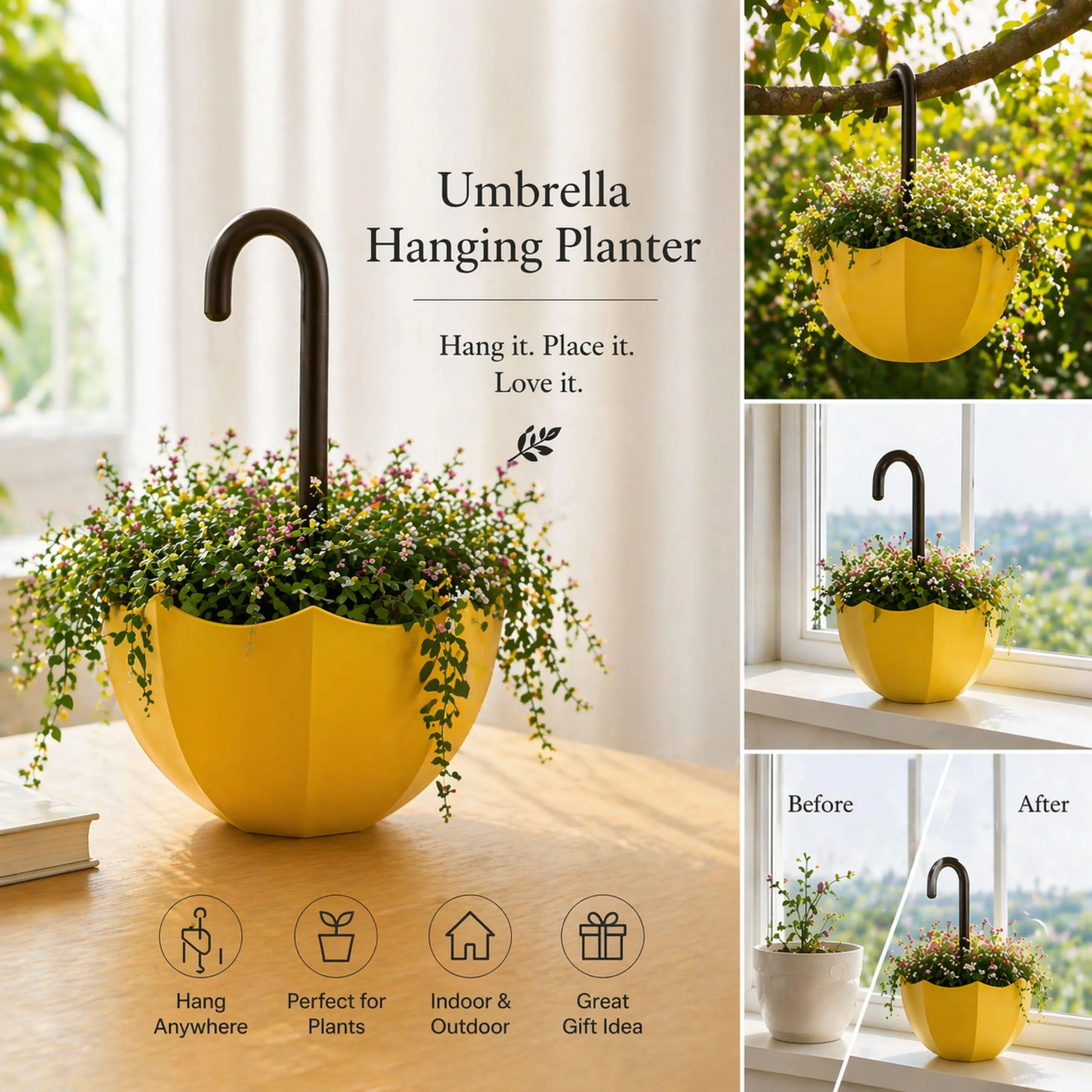 Decorative Hanging Umbrella Planter | Fun Unique Flower Pot | Small Hanging Planter | Outdoor Decor | Plant Lover Gift