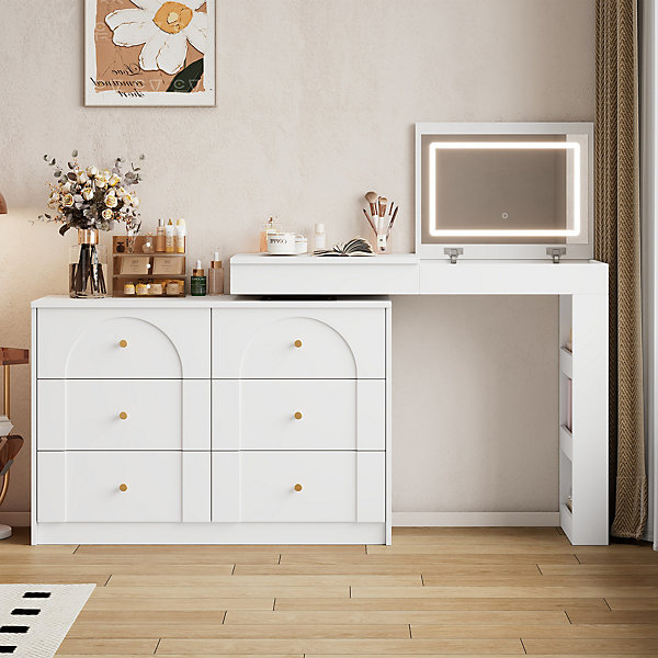 Coiffeuse 105 cm pivotante avec miroir led réglable, 7 tiroirs et étagère latérale, blanc avec poignées dorées