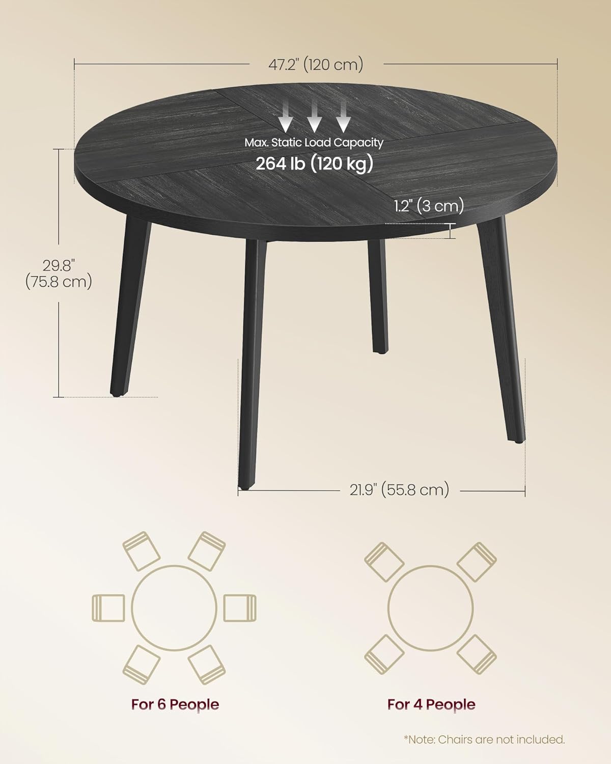 VASAGLE MAEZO Collection - Round Dining Table for 4-6 People, 47.2 Inches Circle Kitchen Table with Tapered Legs, Curved Transitions, for Dining Room, Kitchen, Charcoal Gray UKDT091BA01S