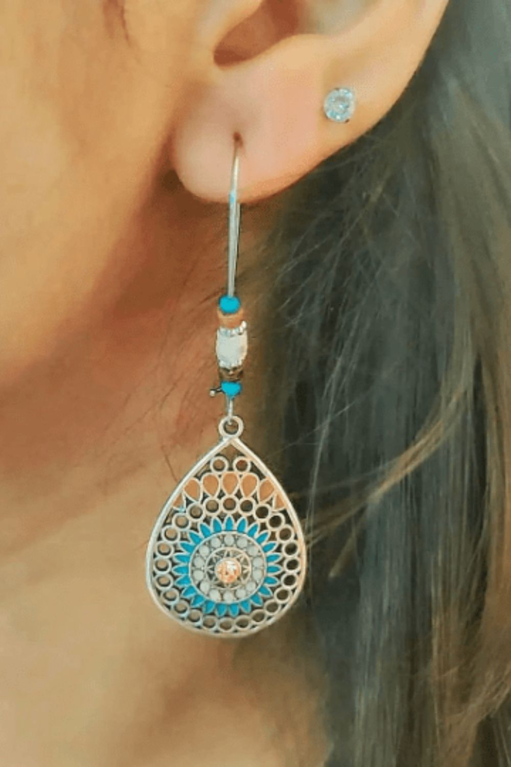 The Colourful Aura Long Mandala Floral Triangle Drop Danglers