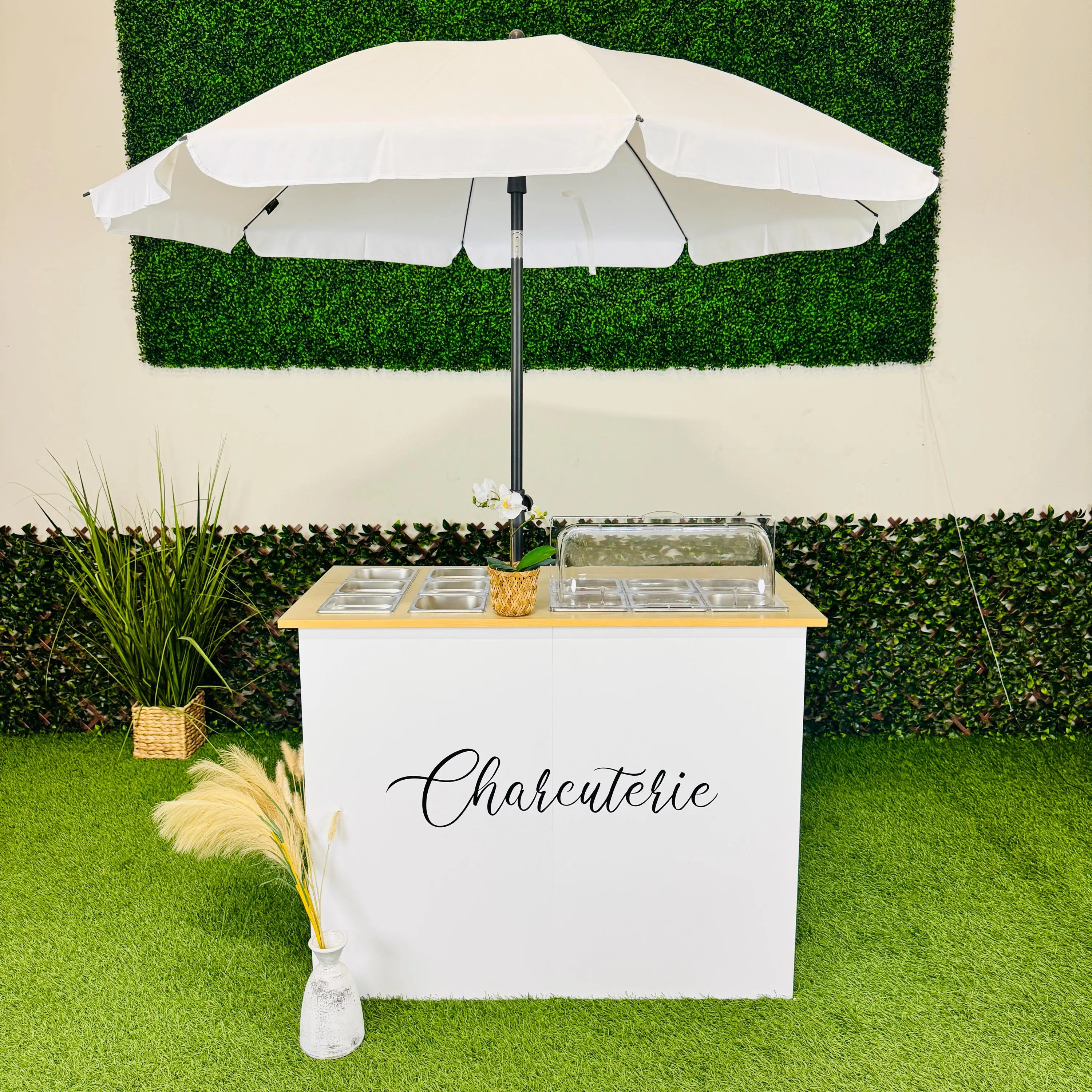 Ematik Eco Foldable 4ft Charcuterie Cart Collapsible Catering Snack Bar Wooden Table Mobile Display Bottom White