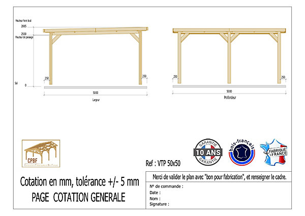 Carport toit plat, 500cmx500cm, bois DOUGLAS Français(Charpente en bois-auvent-abri voiture) 25 m². Garantie 10 ans