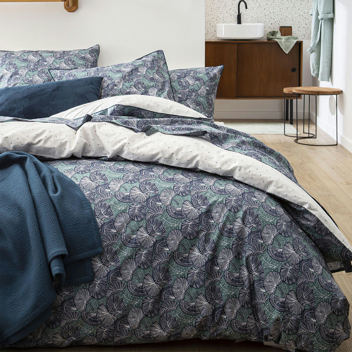 ZEPHYR - Parure de lit en percale de coton bleu/vert 260x240