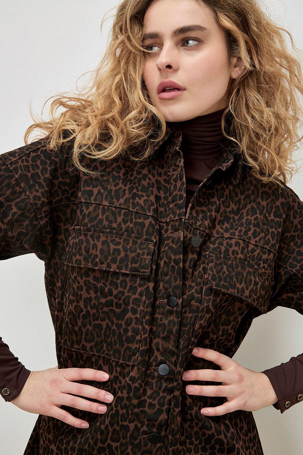 Apricot Leopard Denim Shacket Mini Dress