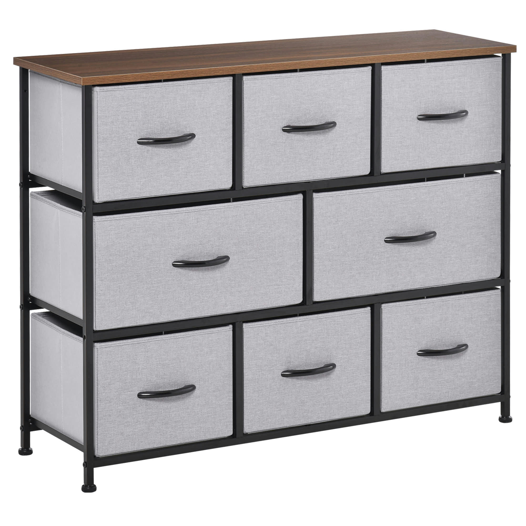 - Commode 8 tiroirs tissu gris châssis métal noir plateau aspect noyer