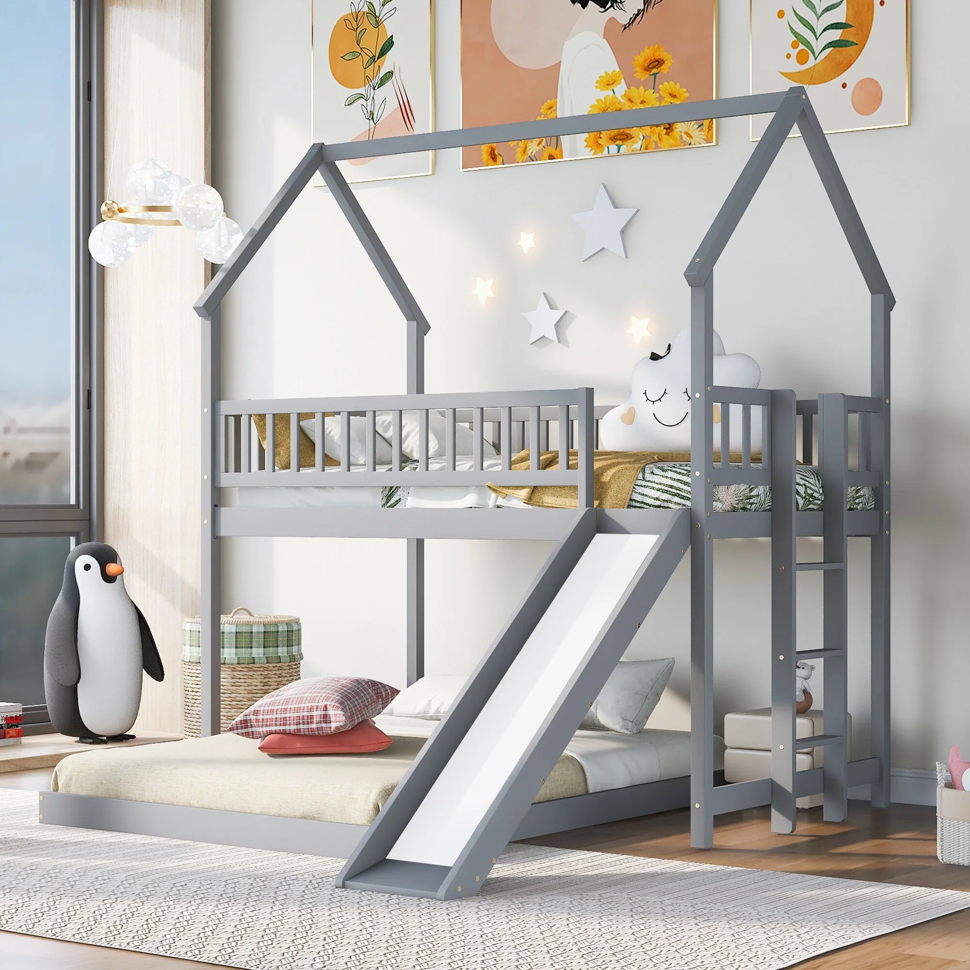 Twin Over Full House Bunk Bed with Slide and Built-in Ladder, Full-Length Guardrails