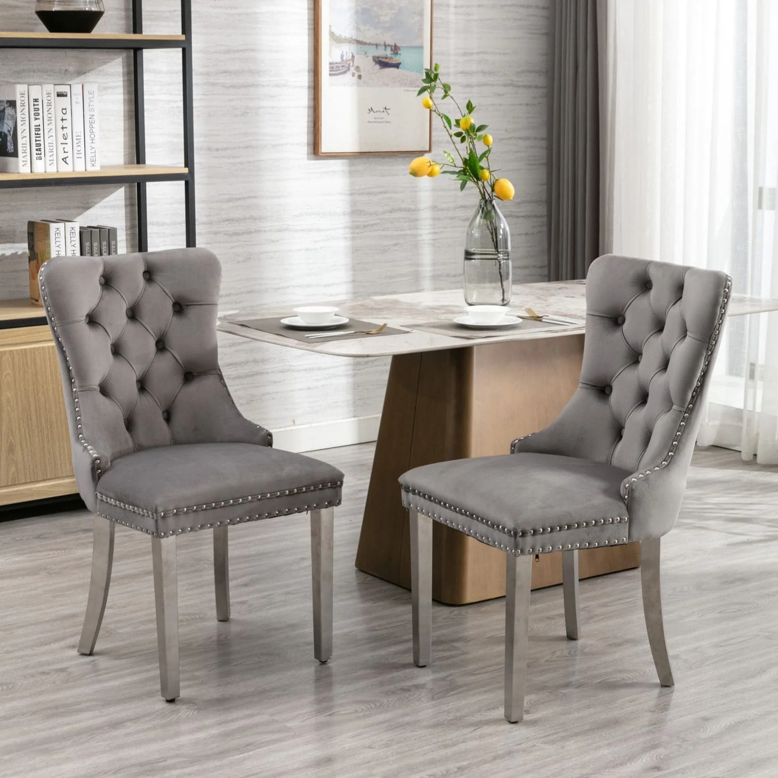 Velvet Upholstered Solid Wood Dining Chair + Stainless Steel Plating Legs, Set of 2