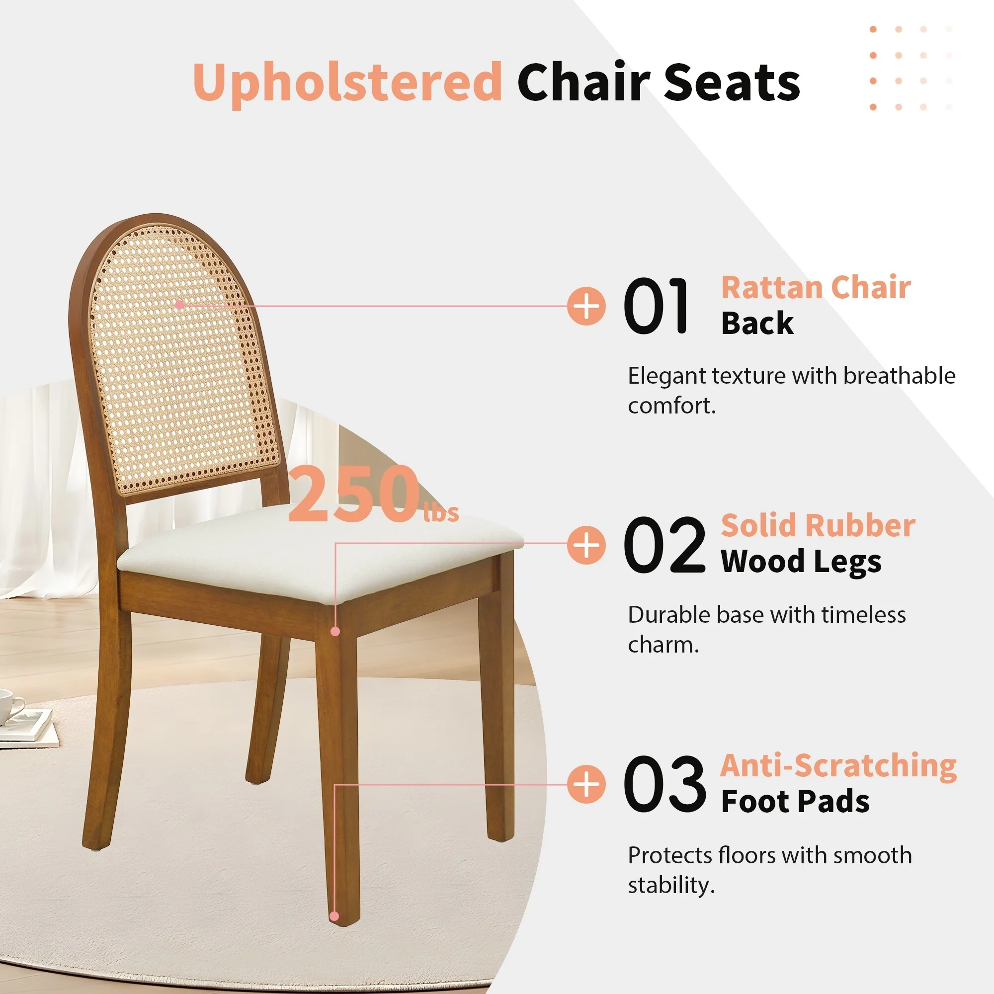 Modern Double Pedestal 6-Piece Dining Table Set, 4 Upholstered Rattan Back Dining Chairs and Bench for 6