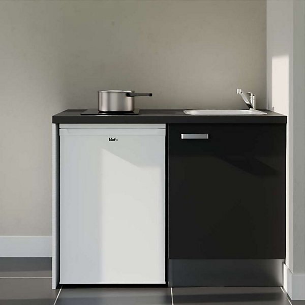 Kitchenette K08 façades Noir - Plan de travail Noir texturé - Crédences : Non - Evier inox - Electroménager Blanc inclus