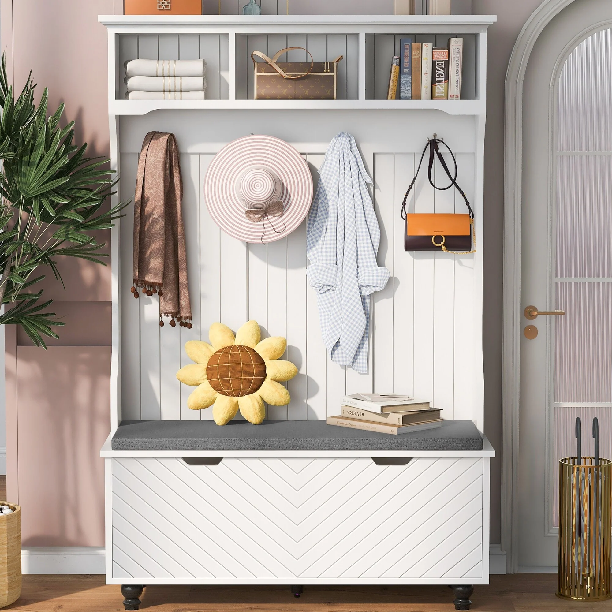 Modern Minimalist Coat Rack, Entryway Bench, Storage Bench with Hooks, for Entrance and Hallway, Living Room