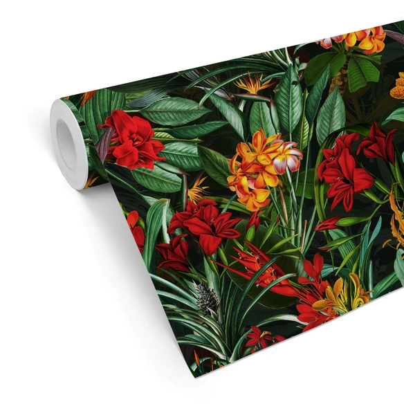 Vliestapete »Vintage Vliestapete«, Tropische Blumen Grün Rot, mehrfarbig, matt