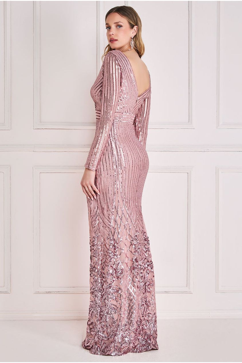 Goddiva Long Sleeve Sequin V Wrap Maxi Dress