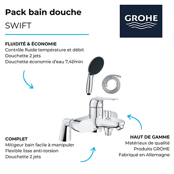 Pack mitigeur bain douche mécanique GROHE Swift   douchette ronde2 jets   flexible
