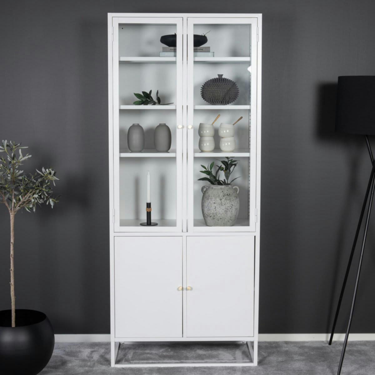 RIRI - Buffet haut vitré moderne 4 portes en métal 190cm blanc