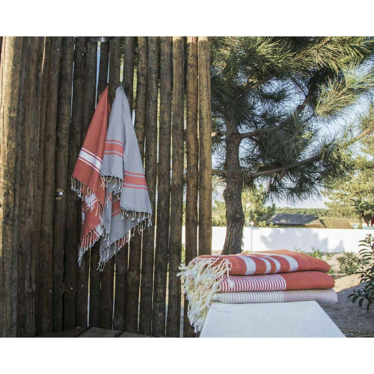 ST TROPEZ - Fouta bande blanche coton  100x200 terracotta