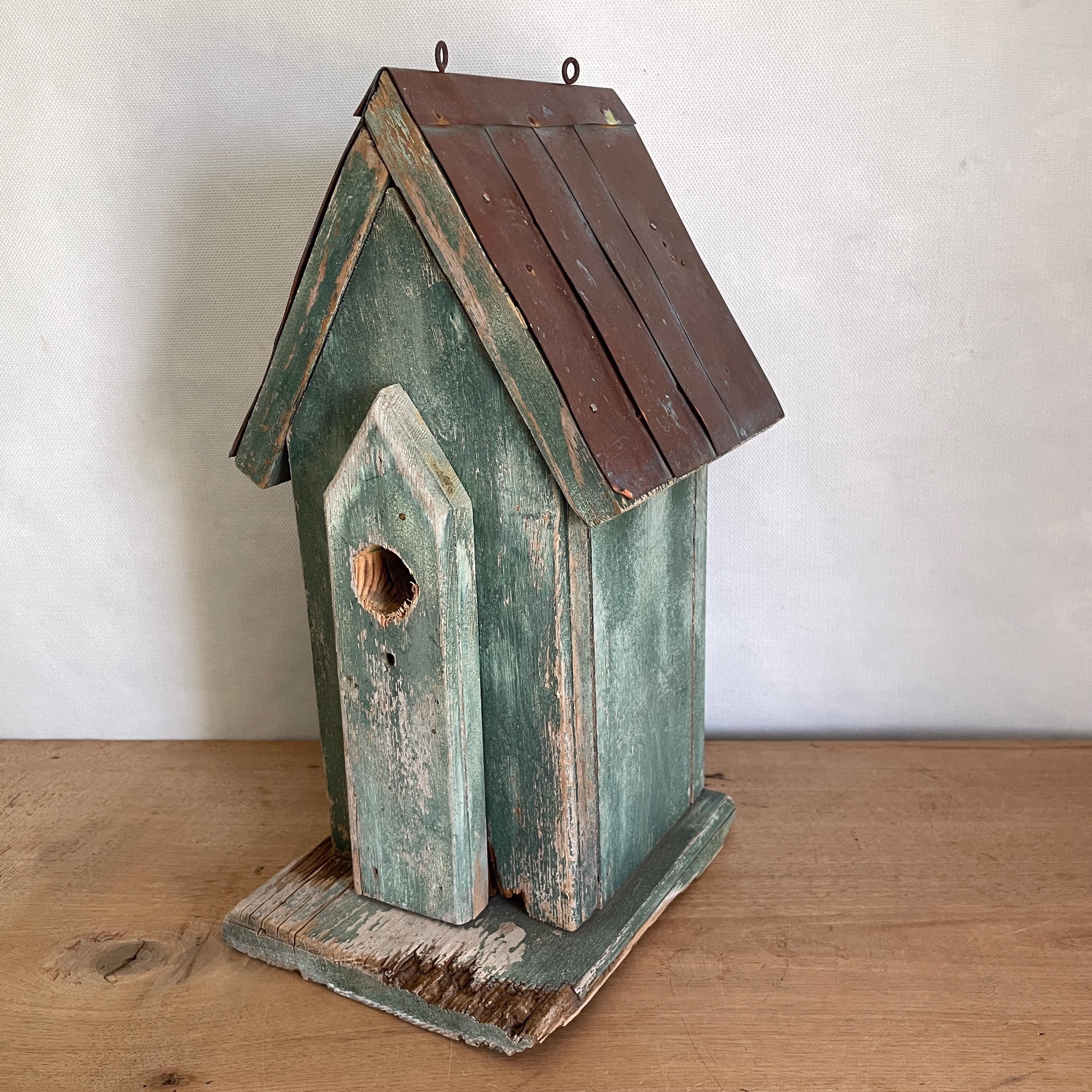 Vintage Wooden Birdhouse – Rustic Green Weathered Bird House Decor – Cottage Garden Accent