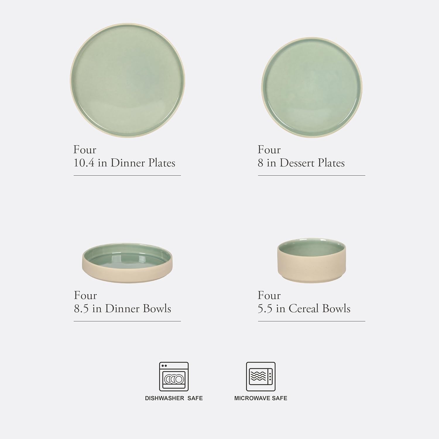 Gibson Elite Liberty Bay 16-Piece Pottery Clay Stoneware Dinnerware Set – Mint Green Reactive Glaze, Stackable Plates and Bowls W/Pasta Bowl, Service for 4 – Microwave & Dishwasher Safe