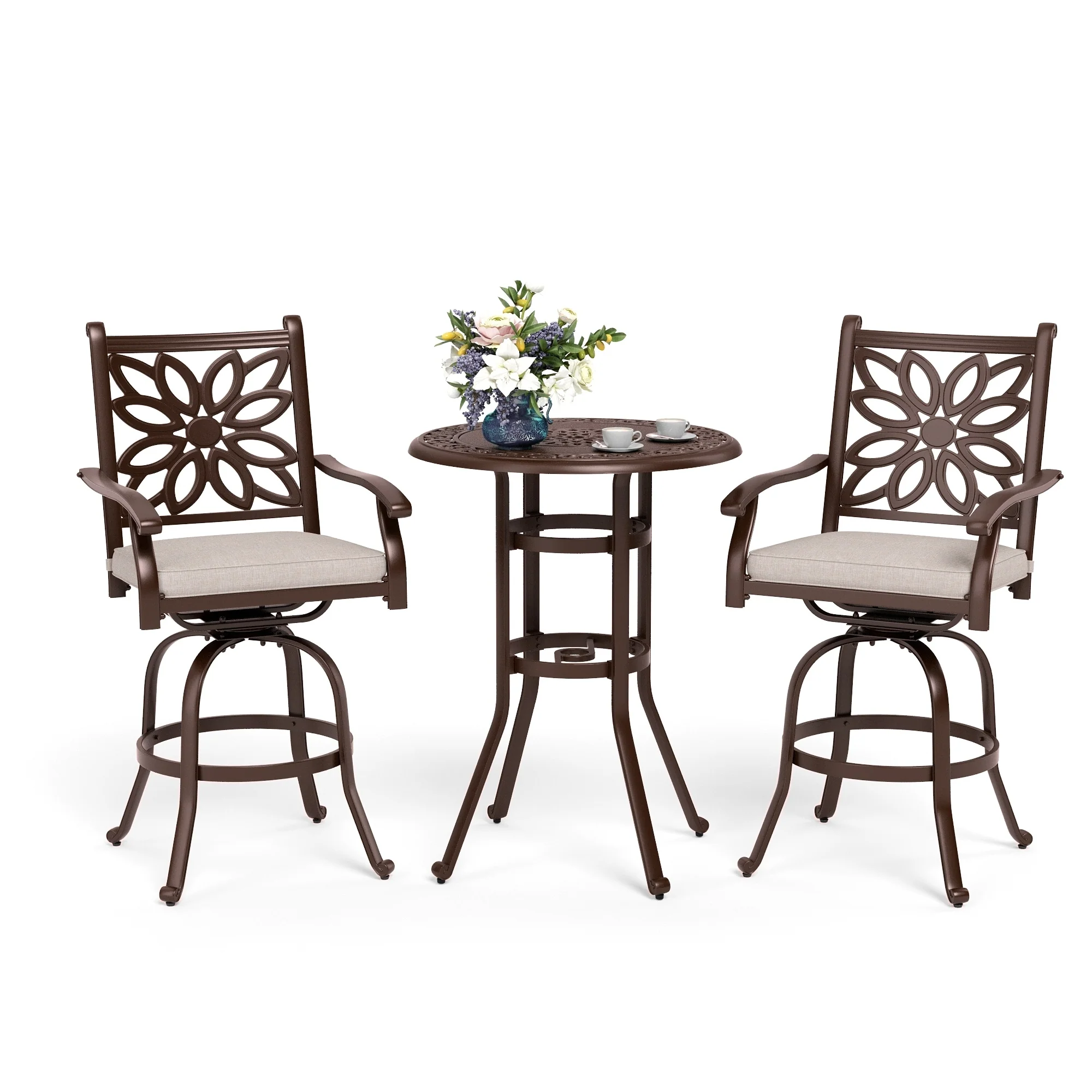 MAISON ARTS 3-Piece Cast Aluminum Patio Bar Stool Set of 1 Bar Table & 2 Swivel High Bar Stools