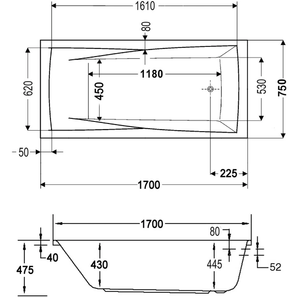Badewanne »Atlanta«, BxHxL: 75 x 45,5 x 170 cm, Körperform