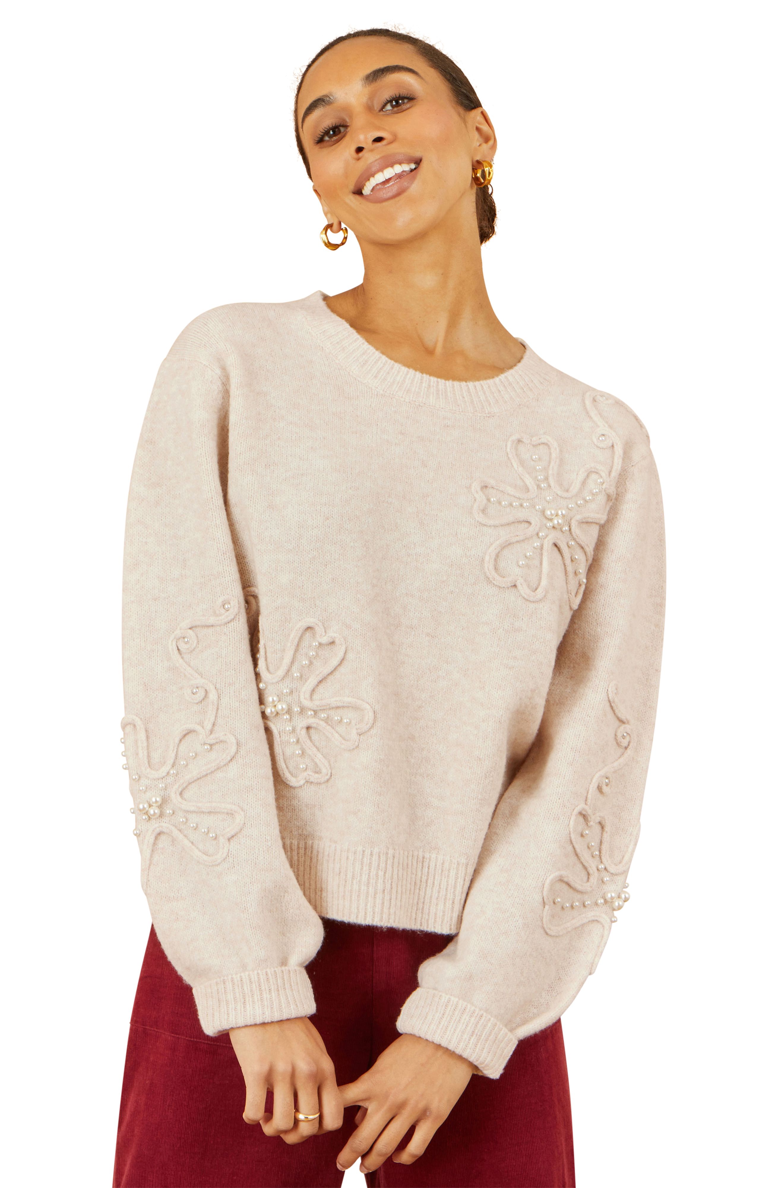 Yumi Oatmeal Knitted Jumper With Floral Applique