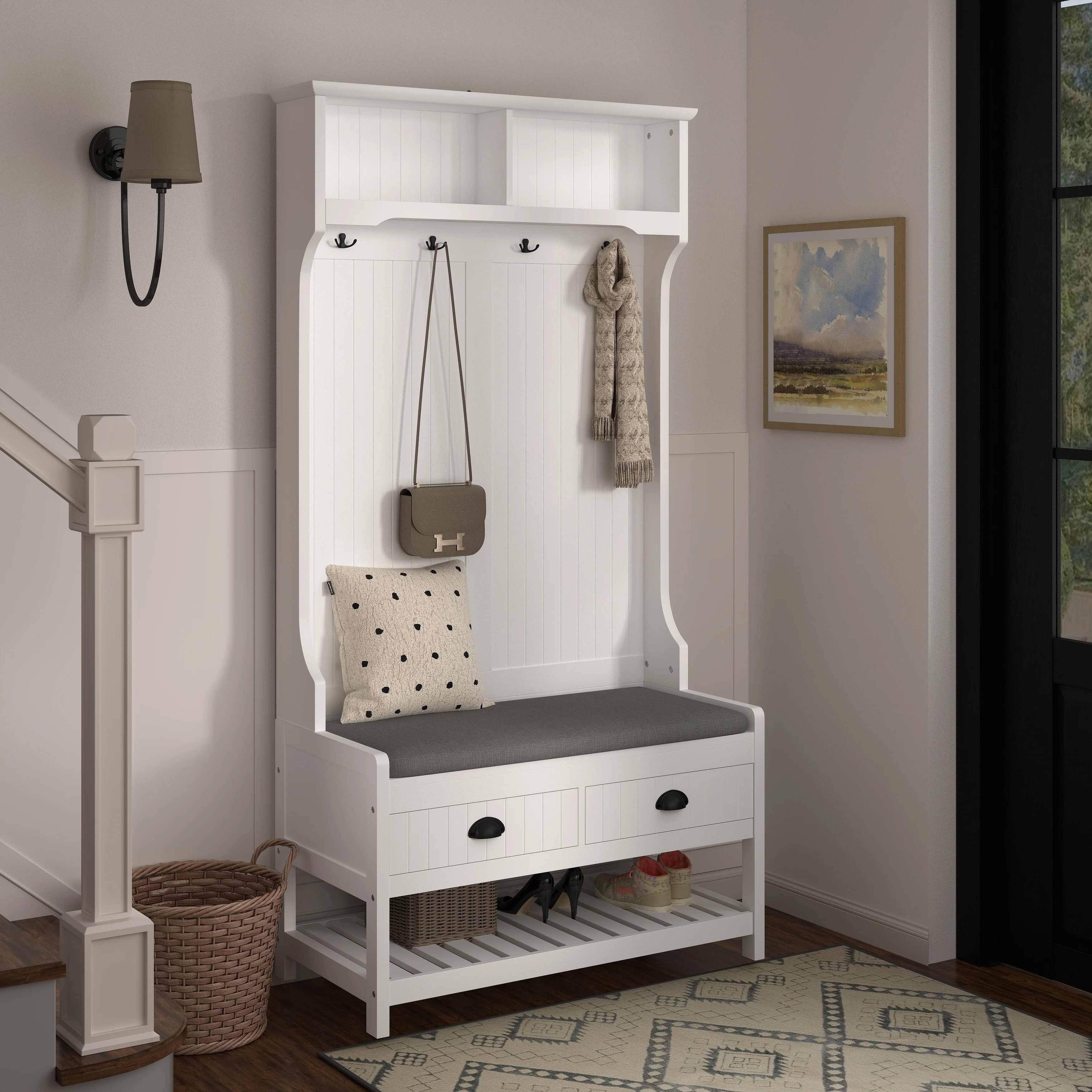 3-in-1 Hallway Hall Tree with 2 Storage Drawer and 4 Coat Rack,Wooden Entryway Shoe Rack Bench with Padded Seat Cushion
