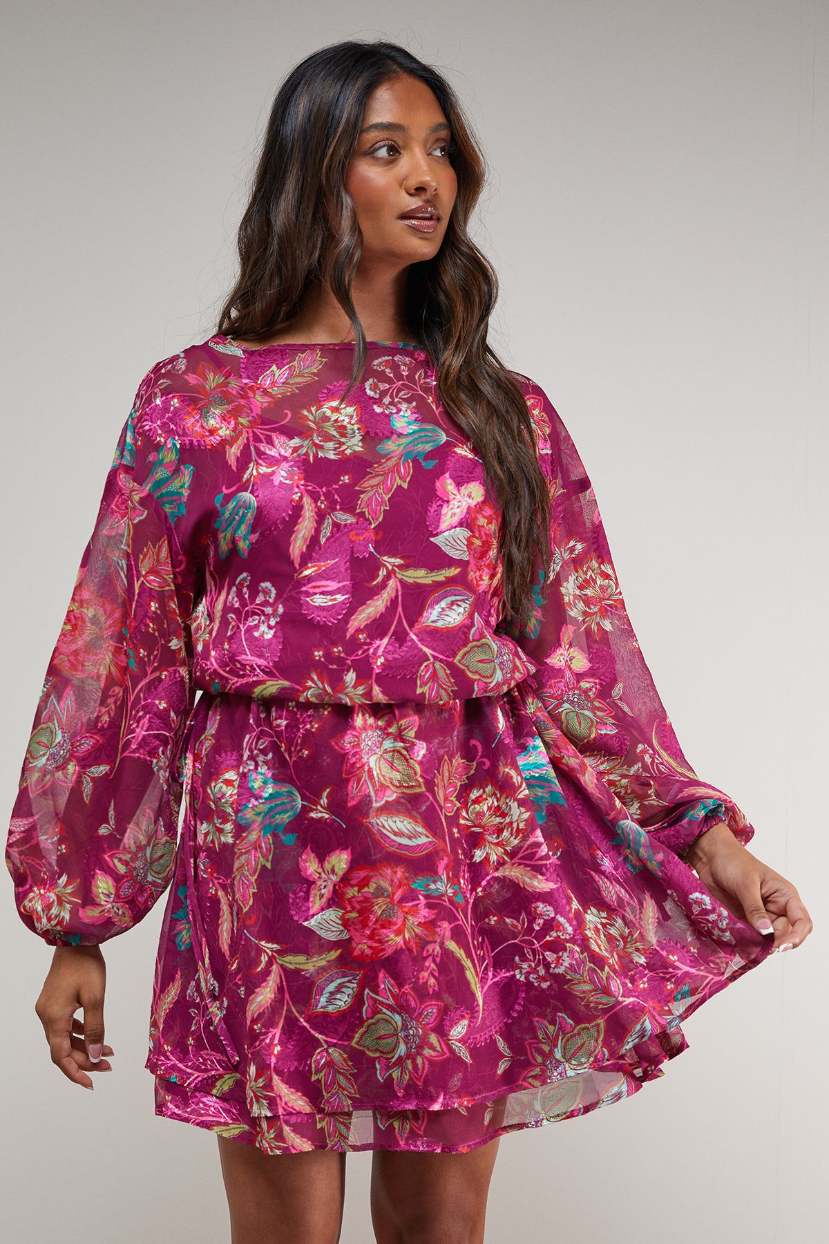Oasis Printed Boho Tie Sleeve Mini Dress