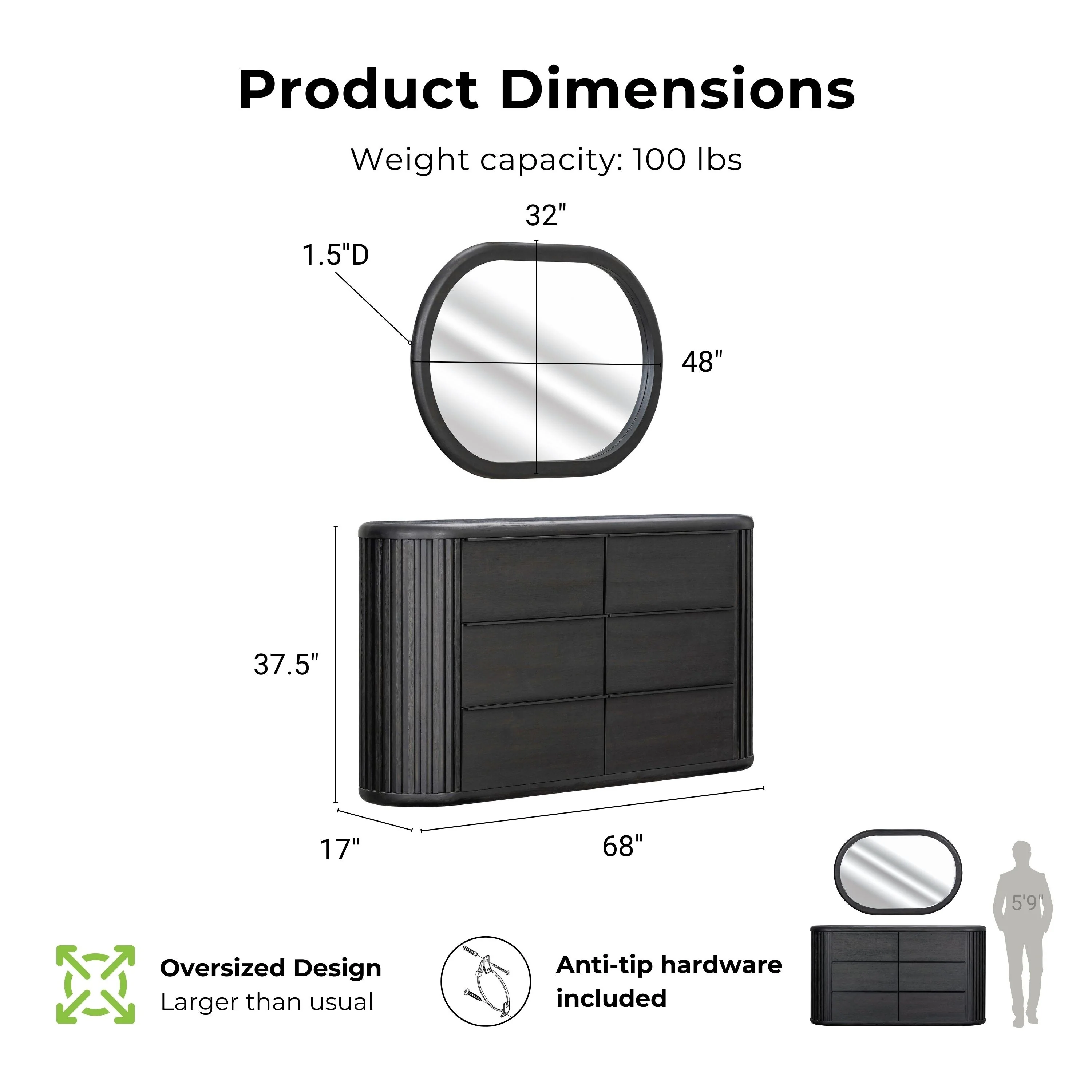 Furniture of America Caelan Modern 2-piece Black Solid Wood Dresser and Mirror Set