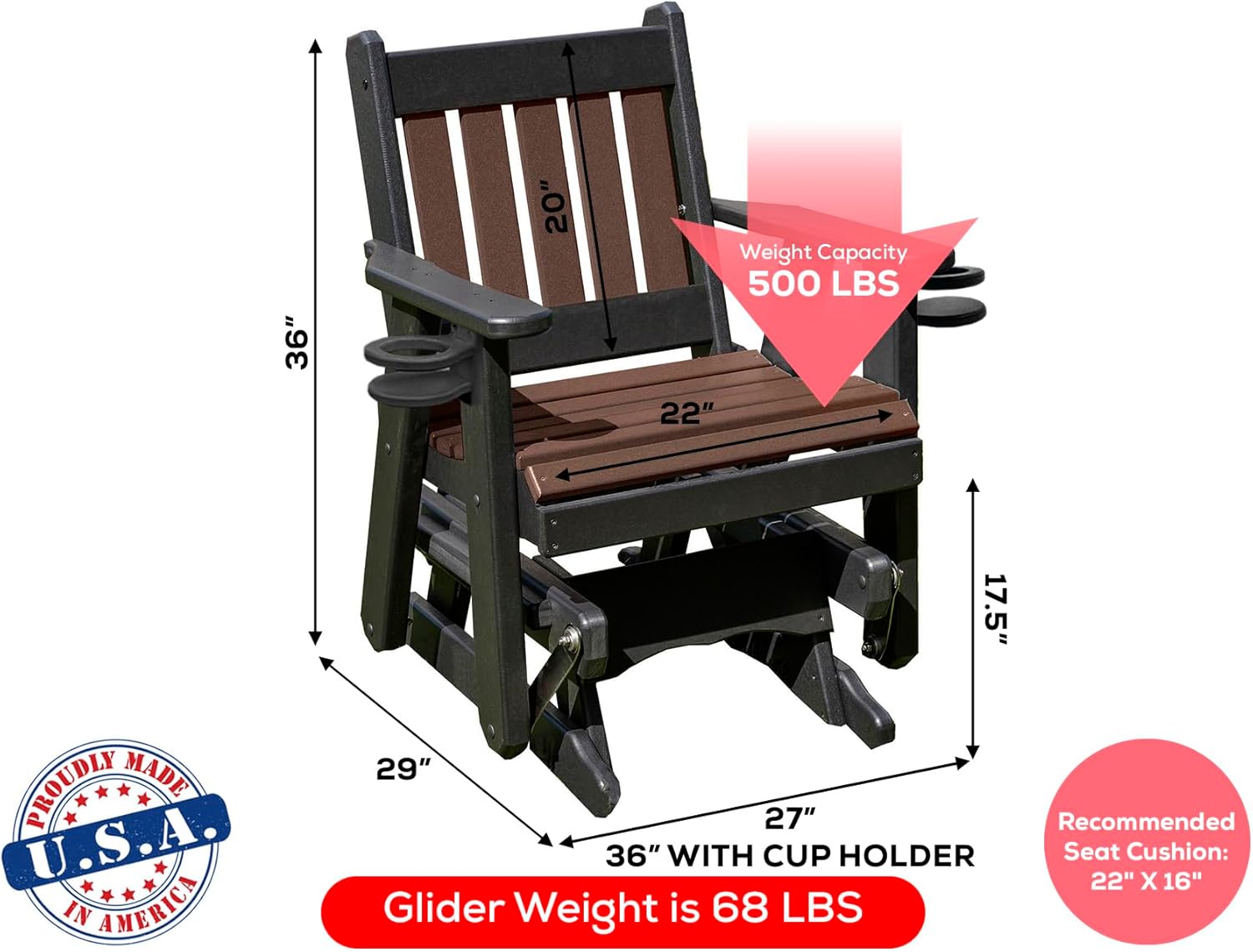 Ecommersify Amish Mission-Style Glider Chair - 2FT (Brown on Black) - Recycled HDPE Poly Lumber - Made in USA - Stainless Steel Outdoor Furniture - 500 lb Capacity with Cup Holders