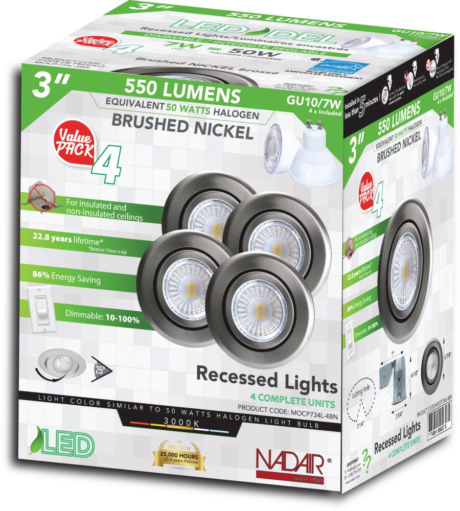 Recessed LED Lights, Brushed Nickel, 3-in, 4-pk