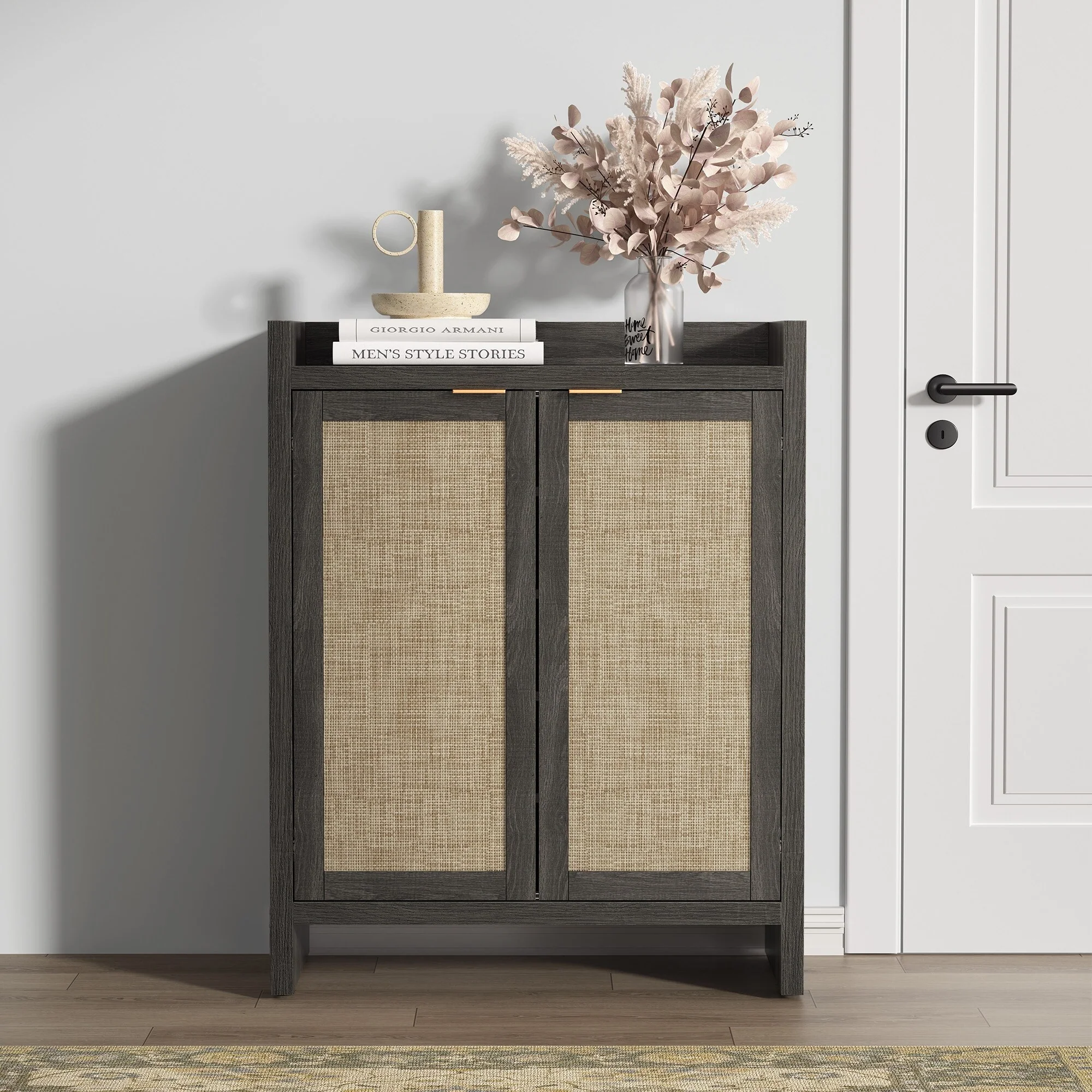 2 Doors Modern Natural Rattan Shoe Cabinet