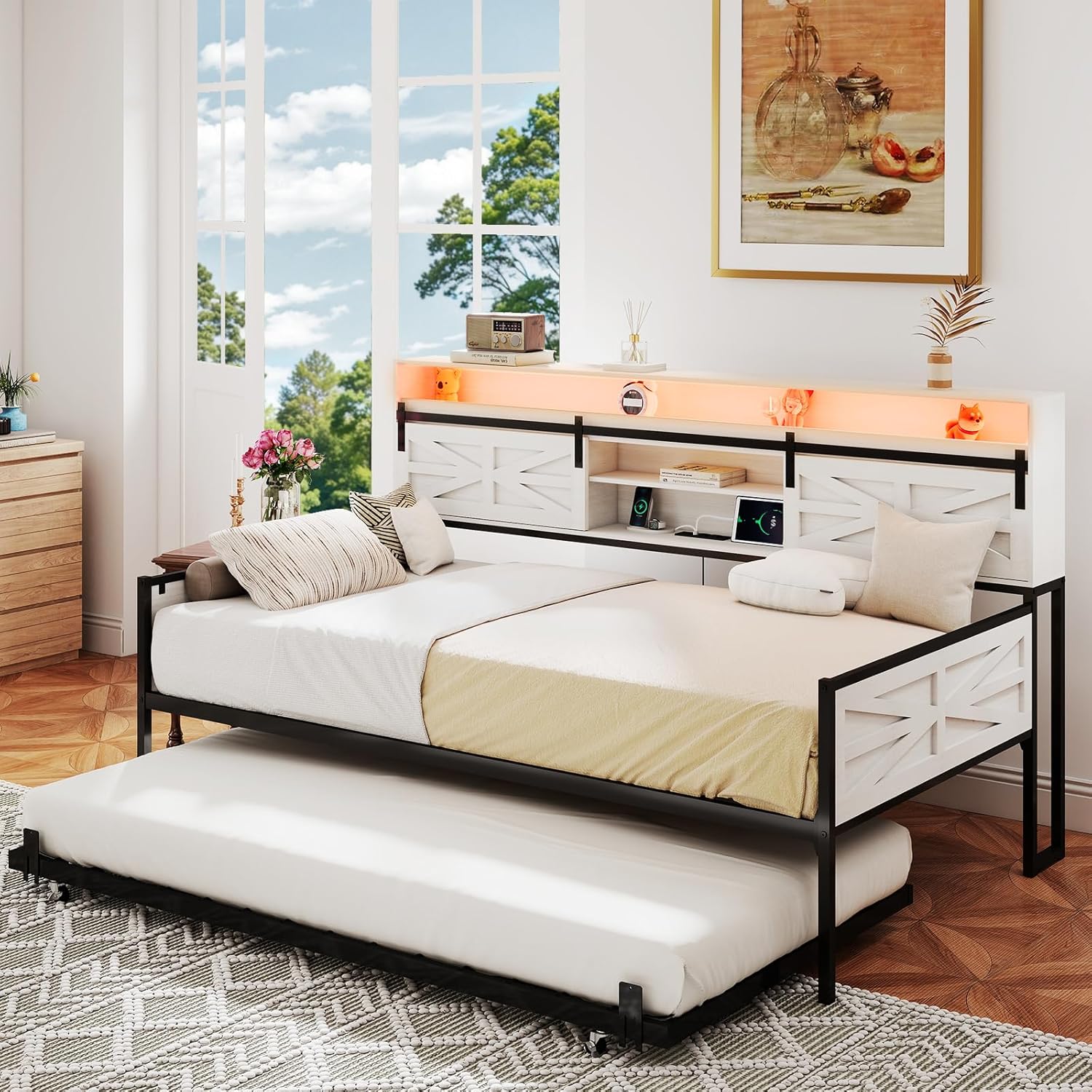 Twin Daybed with Trundle Bed, Rustic Farmhouse Daybed Frame with Sliding Barn Door Headboard LED Lights and Charging Station, Heavy Duty Metal Daybed for Guest Room Living Room Bedroom White