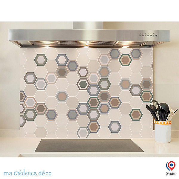 Crédence cuisine fond de hotte Carreaux Ciment Hexagonal 4 - Verre trempé - L 60 cm x H 45 cm - MaCrédenceDéco