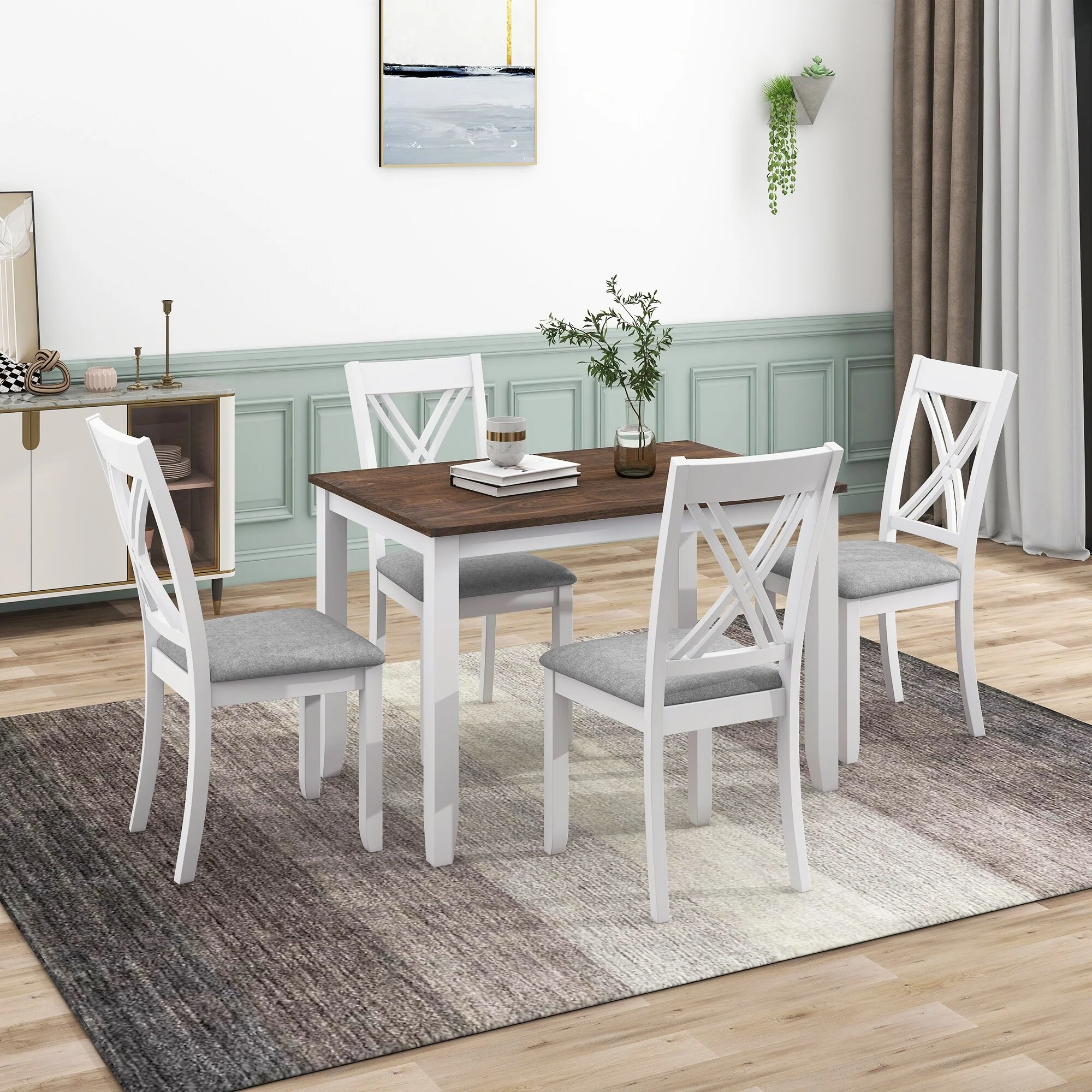 Roomfitters Rustic Minimalist 5-Piece Dining Table Set with X-Back Chairs for Small Spaces
