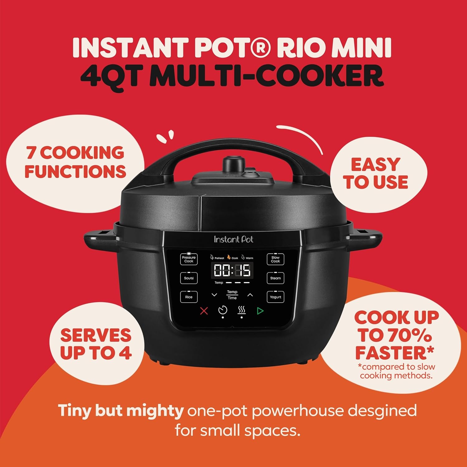 Instant Pot 4QT RIO Mini 7-in-1 Multi-Cooker, Pressure Cooker, Slow cook, Sauté, Steam, Rice Maker, Yogurt, & Warmer, Black, 4 Quarts